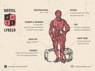 Lybeer Hostel Infosheet graphic design hostel infosheet knight medieval shield youth hostel