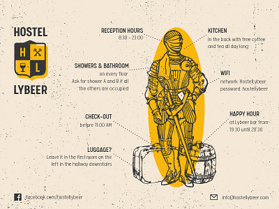 Lybeer Infosheet graphic design hostel infosheet knight medieval shield youth hostel