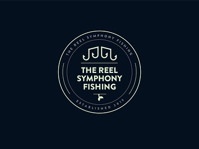 The Reel Symphony Fishing Logo badge circle circle logo concept fish tail fishing fishing hook hook logo tail