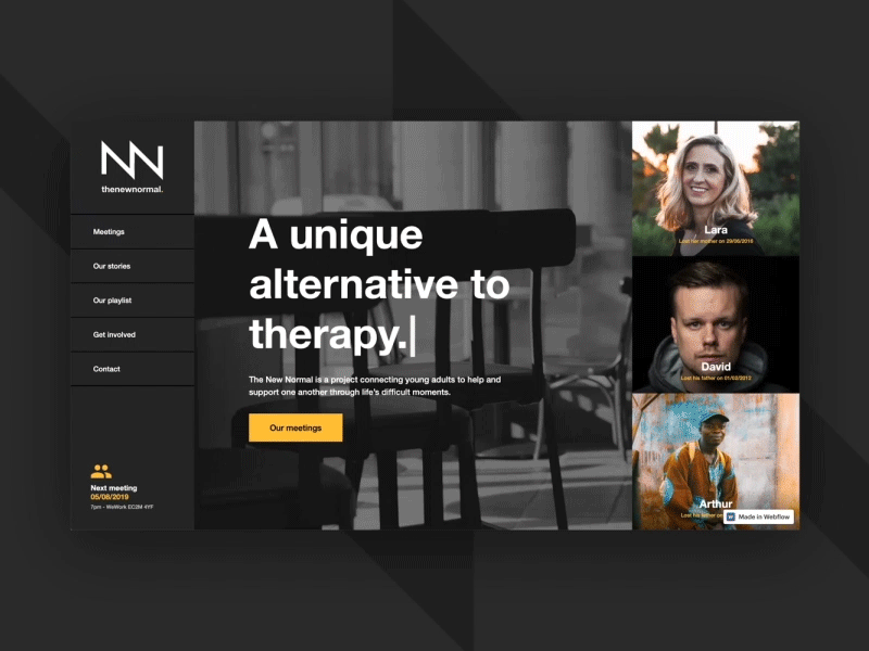 Animated Text in Webflow animated landing page charity cms dark theme grief home page landingpage left navigation side navigation sidebar webdesign webflow