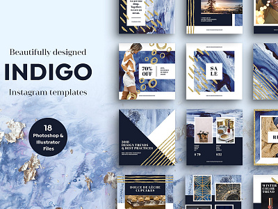 INDIGO Instagram Template Pack advert advertisement blog graphic instagram instagram template pack luxurious mood board social media social media template template pack watercolor watercolor texture