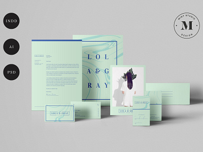 Lola & Gray Stationery Template brand identity branding business business card corporate editorial envelope feminine letterhead marble minimal mint modern postcard postcards stationery stationery template studio template templates