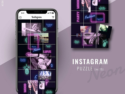 Instagram PUZZLE template - Neon blogger branding elegant fashion feminine instagram instagram puzzle template instagram stories instagram template light neon neon instagram template neon template puzzle puzzle template social media social media templates stories template templates