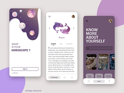 Horoscope android design emotion horoscope ios iphone love mental minimal minimalist pisces planet purple space ui uiux ux white whitespace zodiac