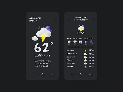 Dark Weather App 3d app dark design digital design dribbble flat minimal moon skeumorphic ui ux vector weather