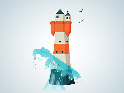 Lighthouse birds flat illustration lighthouse ocean sea wave