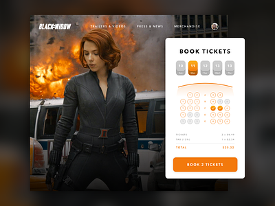 Black Widow Movie Booker booking card colour design modern movie movie app ticket app tickets ui ux