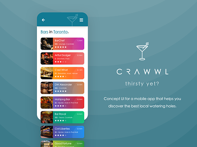 Crawwl - Pub Discovery App Concept android app bars branding card cocktails colour colours concept design discover food home iphone mobile modern pub restaurant ui ux