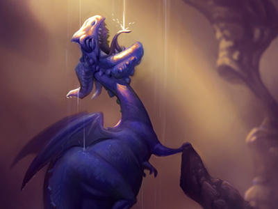 Blue Cave-Dwaggon andrea femerstrand art blue cave creature cute dragon fantasy illustration noukah photoshop