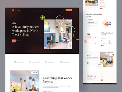 Coworking Space Landing page agency agencylandingpage coworking coworking space ecommerce interface landing page motion graphics officespace shared space treandy trend typography ux web design website website design workspace