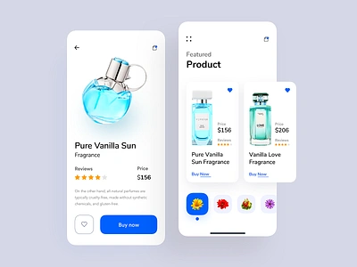 Fragrance Store UI App app design app branding app concept colorful app conceptual design dashboard designer drink ecommerce nice100 product design product page typography user interface