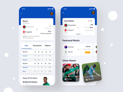 Live Sports App app design app concept colorful app cricket dashboard dashboard app designer game game design scorecard sports sports app typography user interface