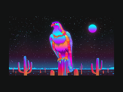 Vaporwave Desert Road 80s cactus desert design eagle illustration montains moon motel neon neon colors neon light photoshop retrowave road vaporwave