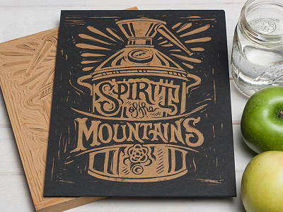 Spirit of the Mountains - Copper Still Block Print americana art block print design lettering linocut moonshine still typography