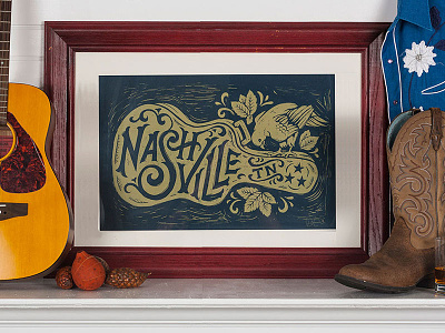 Nashville Song Bird - Block Print americana art block print design folk guitar illustration linocut nashville print song bird woodblock