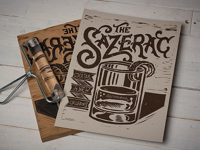 The Sazerac -Block Print americana art block print cocktail design lettering linocut sazerac typography