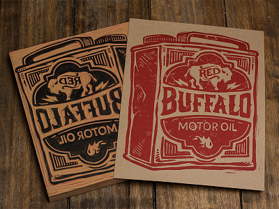 Red Buffalo Motor Oil - Block Print americana art block print buffalo design lettering linocut oil typography vintage