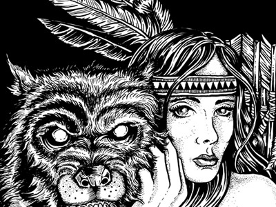 Hugs with Wolves americana art beauty castle derrick castle design drawing feathers girl headdress illustration indian native war paint western wolf wolves