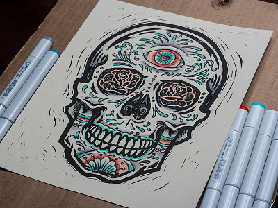 All Seeing - Sugar Skull - Block Print art cinco de mayo design illustration block print linocut sugar skull
