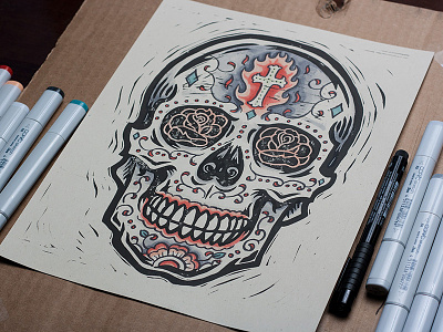 Burning Sugar Skull - Block Print art cinco de mayo design illustration block print linocut sugar skull