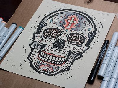 Burning Sugar Skull - Block Print