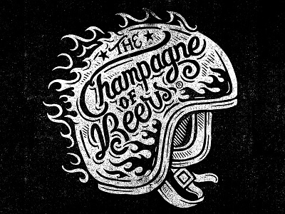 The Champagne of Beers - Woodblock biker block print champagne of beers helmet high life illustration lettering miller vintage woodblock