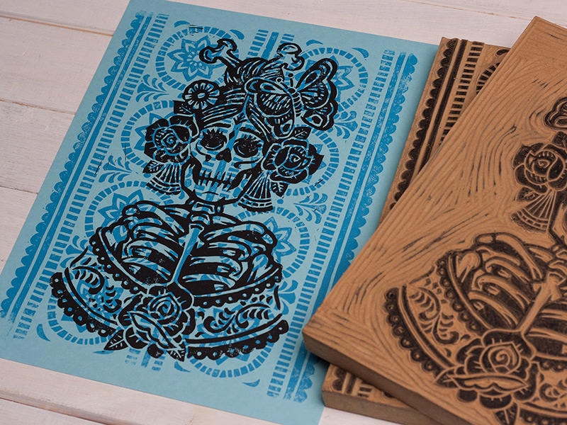La Rosa Catrina - Block Print americana art block print catrina design dia de los muertos folk illustration linocut mexican skull sugar skull