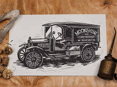 Moonshiner - Block Print americana art block print bootlegger design illustration linocut moonshine moonshiner truck vintage