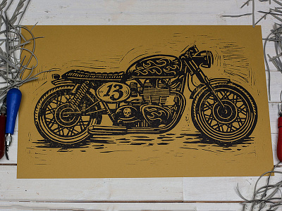 Unlucky No. 13 Cafe Racer - Block Print americana art block print cafe racer design illustration kustom kulture linocut moto motorcycle