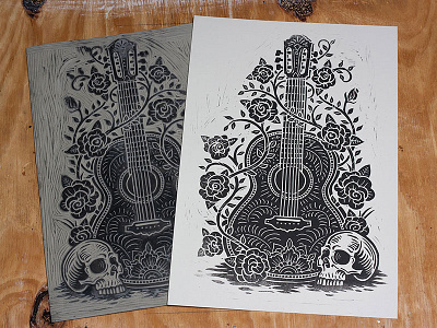Canciones De Los Muertos - Block Print americana art block print design folk guitar illustration linocut mexican mexican guitar roses skull