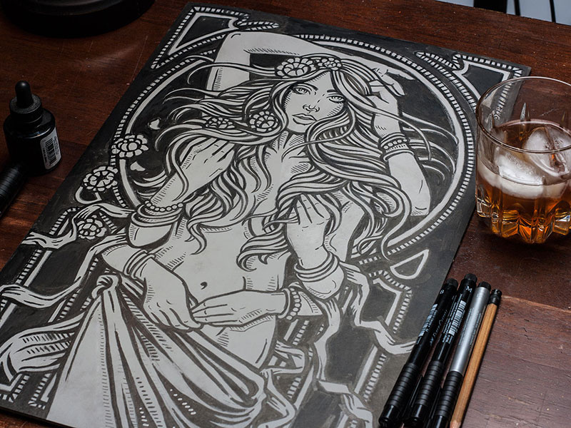 Psychedelic Beauty art design illustration block print linocut linoprint psychedelic art nouveau shiva beauty