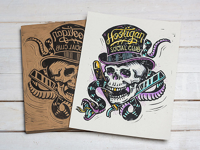 Hooligan Social Club - Block Print art block print design hooligan illustration linocut linoprint skull snake social club tophat