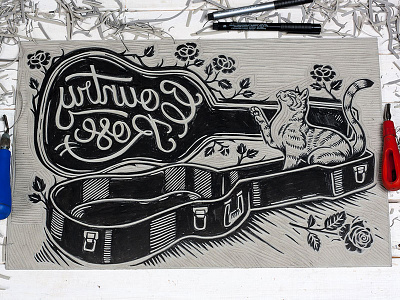 Country Rose - Linocut art block print cat country rose design guitar illustration lettering linocut linoprint roses typography