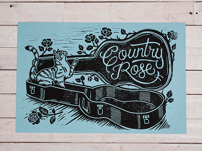 Country Rose - Block Print block print cat country rose guitar illustration lettering linocut linoprint print roses typography