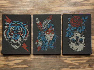 New 5x7 Prints americana art biker design feather illustration native roses skull tattoo tiger