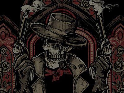 The Undead Stranger americana art castle cowboy derrick derrick castle design drawing graphic design illustration nashville nashvillemafia six shooters stained glass straw castle western