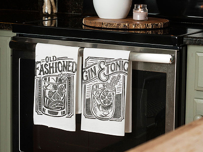 Cocktail Towel set - Old Fashioned and Gin & Tonic art bourbon cocktail decor design floursack gin gin tonic home illustration old fashioned towel