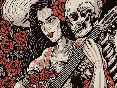Death's Embrace - Screen Print art death design folk illustration mexican poster print roses screen print senorita