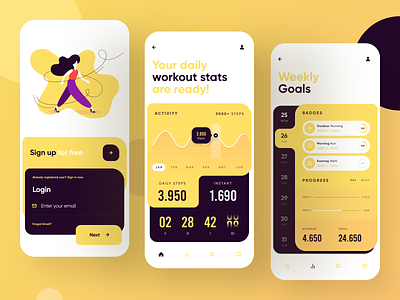 Workout App app app design badges calendar chart goals health login mobile app progress stats timer ui ui design ux walk workout