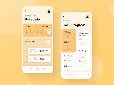 Schedule App application calendar events mobile app progress projects schedule task listing task progress weekly view