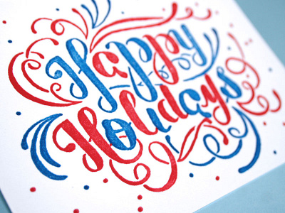 Lately happy, part II blue greetings holiday lettering letterpress postcard red script season