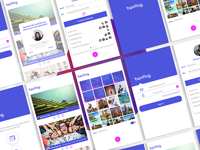 Bootlog application UI bootlog bright colors flow login menu proto purple screen sketch toolkit uiux