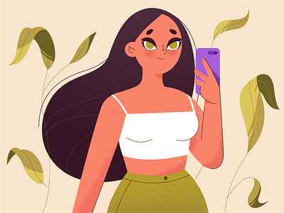 Girl takes a selfie design flat girl girl character illustration plants selfie selfies vector web