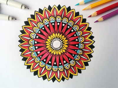 Color mandala centered circle colorful crayons floral flower line mandala