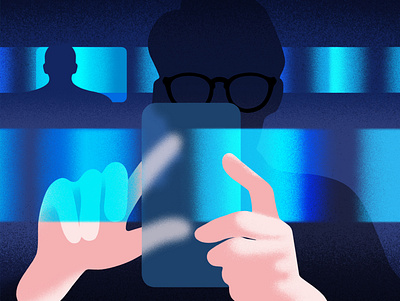 ’Swiping & scrolling’ character crime dark detective editorial glasses graphic hands illustration investigate man minimal phone police research screens scroll