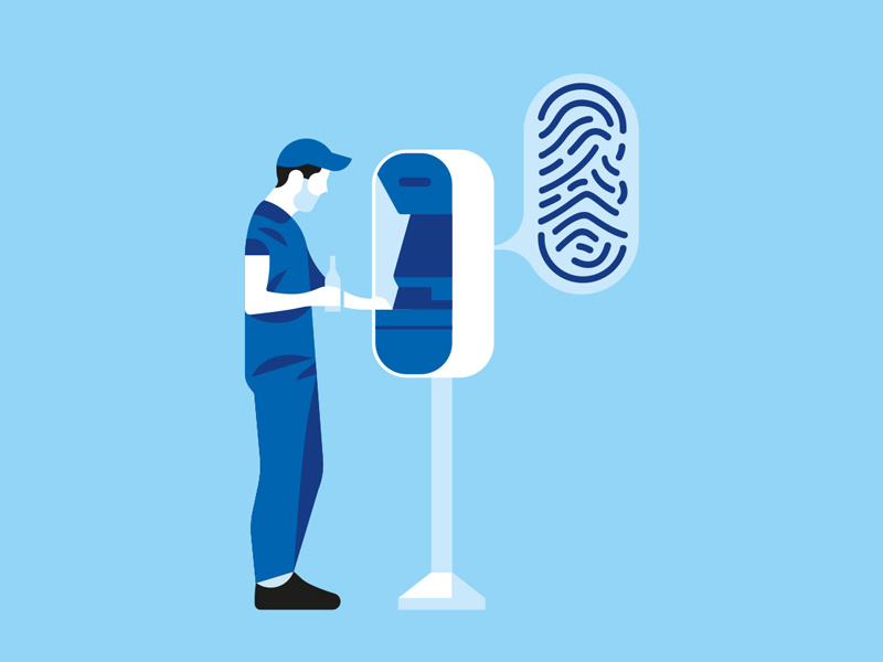 Biometrics stadium fan sports illustration spot editorial character beard screen touch fingerprint drink beer baseball cap man