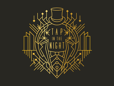 24 tap in the night artdeco badge buildings gold hats illustration logo magic monoline moon spotlight stars tuxedo vector