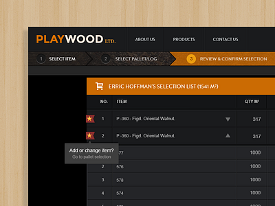 Playwood - wood veneers black dark dashboard design orange selection status step ui ux veneer wood