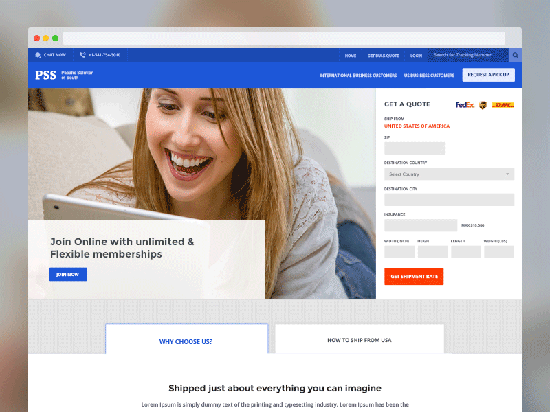 Pick up your shipment website concept. blue booking chat design online pickup shipment tracking ui ux webdesign white