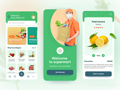 Supermart - Online Grocery Shopping/Store App app colors delivery design ecommerce figma grocery app grocery online home screen illustration mobile mobile app mobile design online shopping online store product card product page ui ux